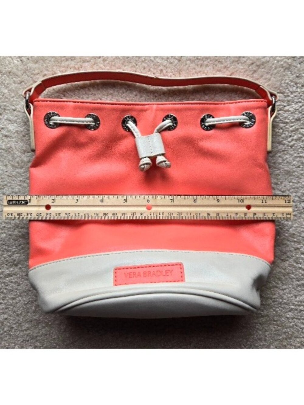 Vera Bradley BUCKET Crossbody Coral & White Faux Leather Drawstring Bag Purse - Picture 5 of 11